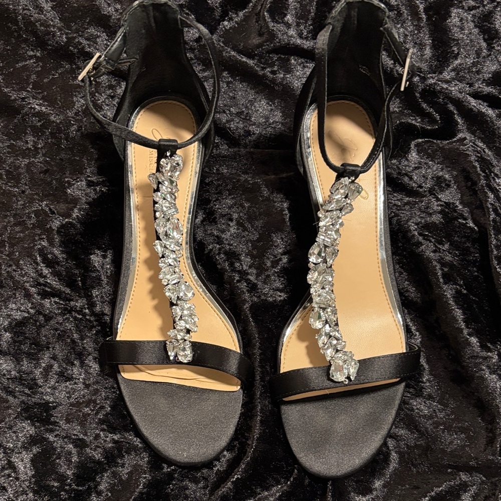 Elegant Black Satin Women's Sandals with Crystal Embellishments